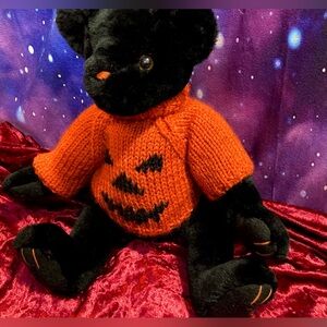 Vintage 1997 Ganz Black Plush Teddy Bear 🎃Pumpkin Sweater Halloween Collectible